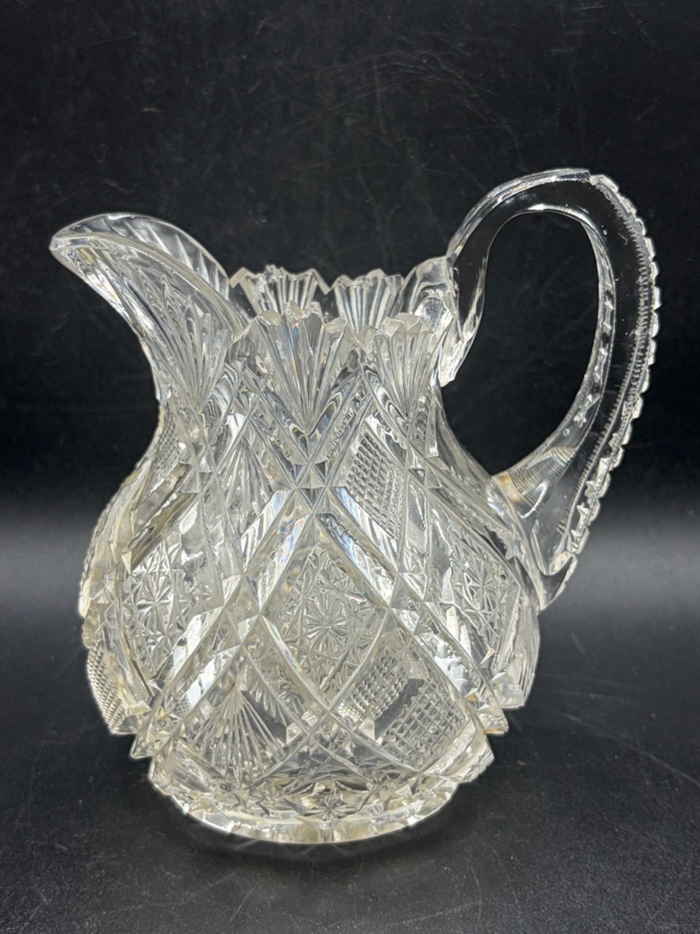 TW Signed Vintage Cut Crystal Jug Pitcher Creamer Pourer Vessel Tableware Decor